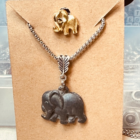 Pewter Elephant Pendant on Silver Tone Chain w/Gold Tone Elephant Lapel Pin Free - Picture 1 of 12